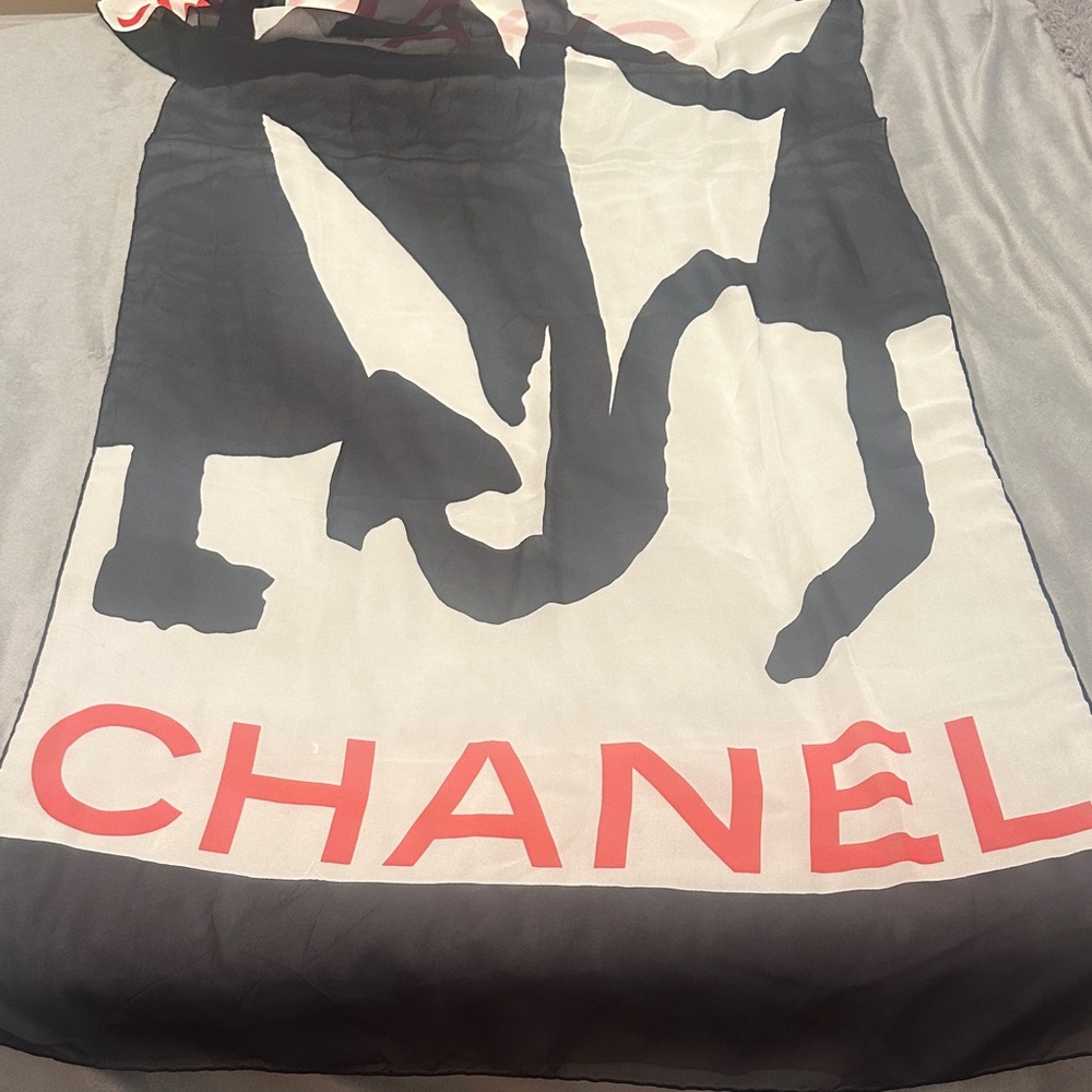 Chanel Black and White Silk Maxi Scarf with Red Accents